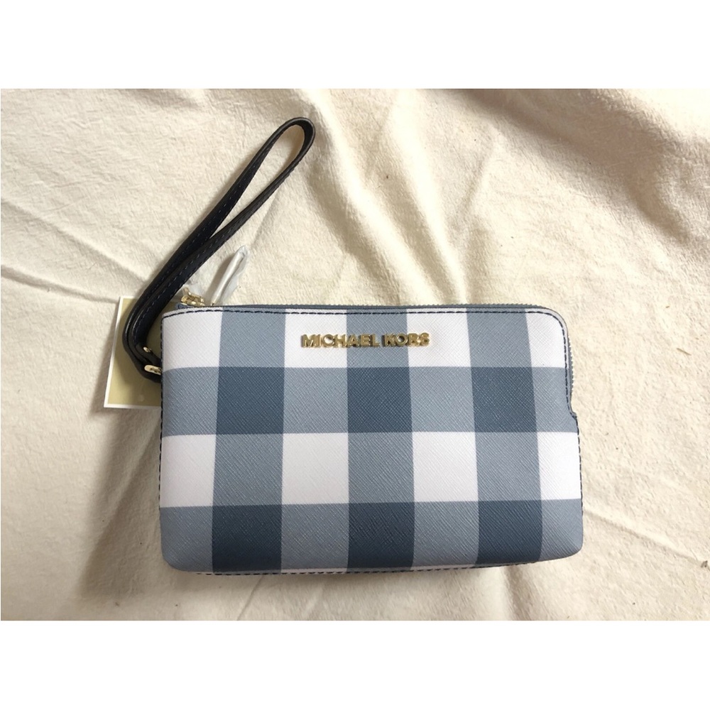 NWT MICHAEL KRS JET SET TRAVEL DOUBLE ZIP LEATHER WRISTLET NAVY/WHITE